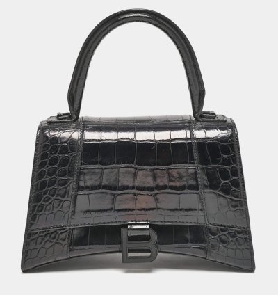 Balenciaga Black Croc Embossed Leather Small Hourglass Top Handle Bag