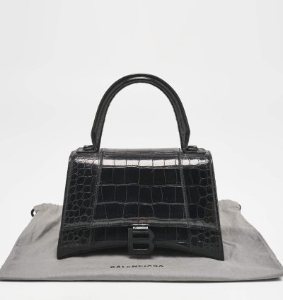 Balenciaga Black Croc Embossed Leather Small Hourglass Top Handle Bag