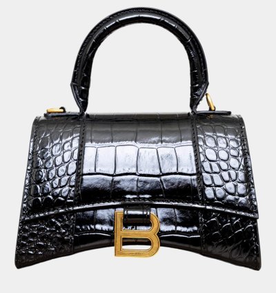 Balenciaga Black Croc Embossed Leather Xs Hourglass Top Handle Bags
