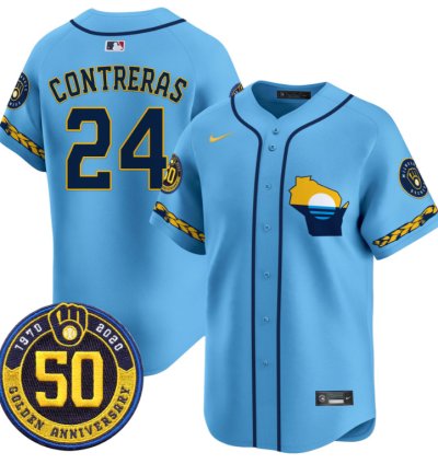 William Contreras Jersey 24 Milwaukee Brewers Golden 50th Anniversary Patch Stitched Blue