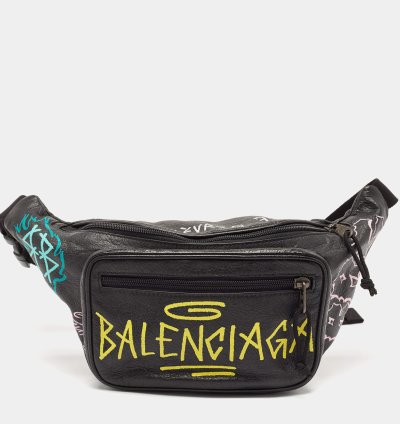 Balenciaga Black Graffiti Print Leather Logo Belt Bag