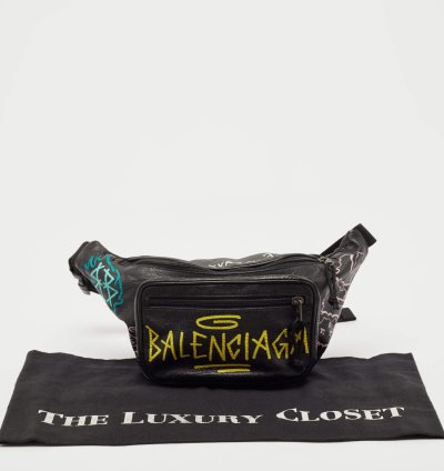 Balenciaga Black Graffiti Print Leather Logo Belt Bag