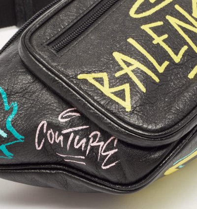 Balenciaga Black Graffiti Print Leather Logo Belt Bag