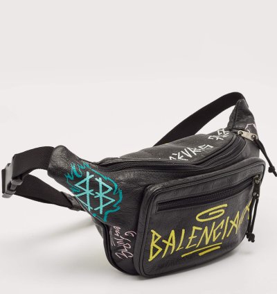 Balenciaga Black Graffiti Print Leather Logo Belt Bag