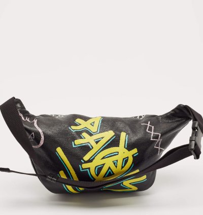 Balenciaga Black Graffiti Print Leather Logo Belt Bag