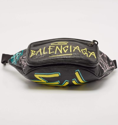 Balenciaga Black Graffiti Print Leather Logo Belt Bag