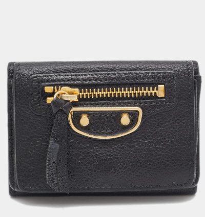 Balenciaga Black Leather Classic Metallic Edge Trifold Wallet