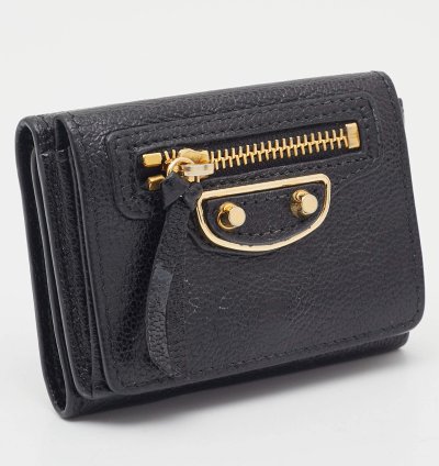 Balenciaga Black Leather Classic Metallic Edge Trifold Wallet