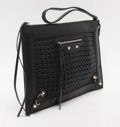 Balenciaga Black Leather Crochet Motorcycle Clutch