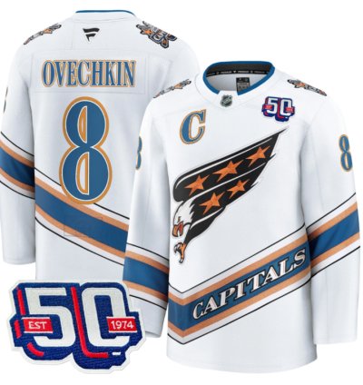Men Alex Ovechkin Jersey 8 Washington Capitals Eagle 50th Anniversary White