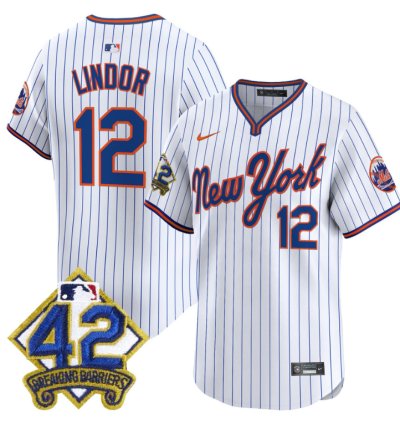 Francisco Lindor Jersey 12 New York Mets 2025 Jackie Robinson Patch Alternate Stitched Pinstripe