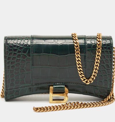 Balenciaga Green Croc Embossed Leather Hourglass Wallet On Chain