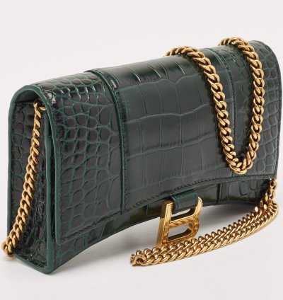 Balenciaga Green Croc Embossed Leather Hourglass Wallet On Chain