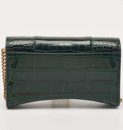 Balenciaga Green Croc Embossed Leather Hourglass Wallet On Chain
