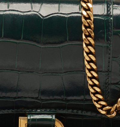 Balenciaga Green Croc Embossed Leather Hourglass Wallet On Chain