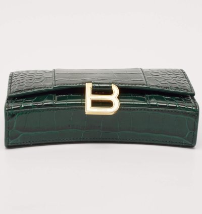 Balenciaga Green Croc Embossed Leather Hourglass Wallet On Chain