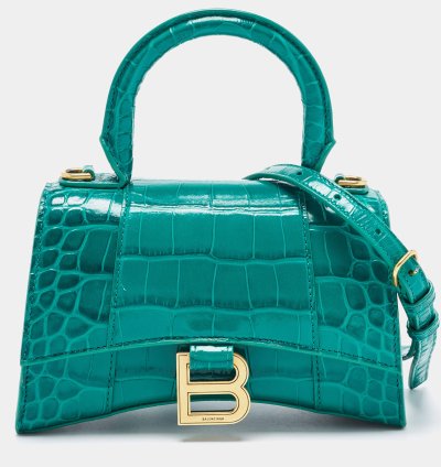 Balenciaga Green Croc Embossed Leather Xs Hourglass Top Handle Bag