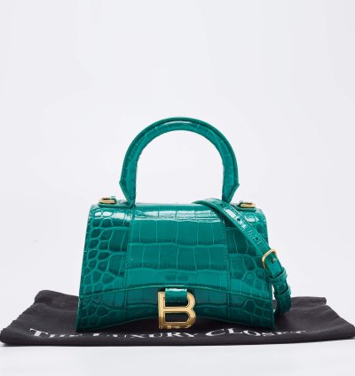 Balenciaga Green Croc Embossed Leather Xs Hourglass Top Handle Bag