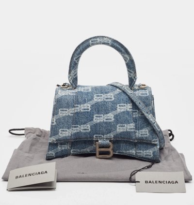Balenciaga Light Blue Bb Monogram Denim Small Hourglass Top Handle Bag