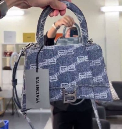 Balenciaga Light Blue Bb Monogram Denim Small Hourglass Top Handle Bag