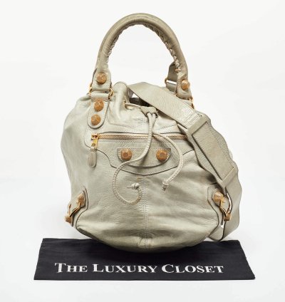 Balenciaga Light Grey Leather Ggh Pompon Hobo