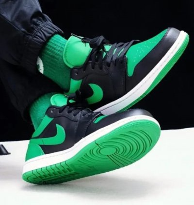 Nike Air Jordan 1 Low Black Lucky Green Basketball Sneakers