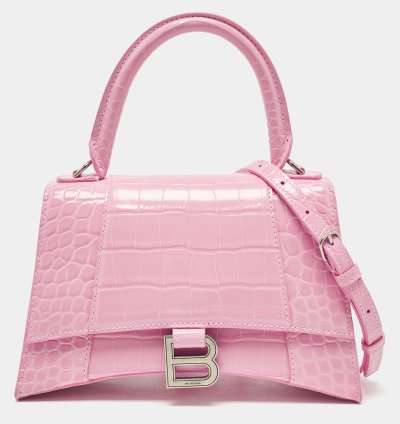 Balenciaga Pink Croc Embossed Leather Small Hourglass Top Handle Bag