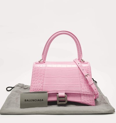 Balenciaga Pink Croc Embossed Leather Small Hourglass Top Handle Bag