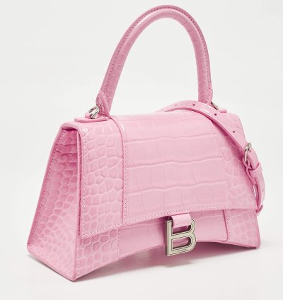 Balenciaga Pink Croc Embossed Leather Small Hourglass Top Handle Bag
