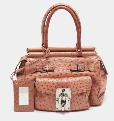 Balenciaga Pink Ostrich Chain Link Pocket Satchel