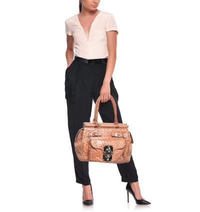 Balenciaga Pink Ostrich Chain Link Pocket Satchel
