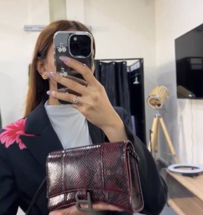 Balenciaga Red Black Python Embossed Leather Hourglass Wallet On Chain