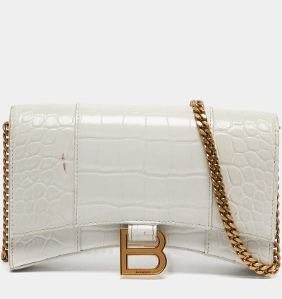 Balenciaga White Croc Embossed Leather Hourglass Wallet On Chain