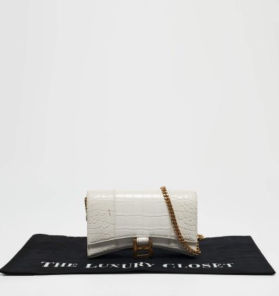 Balenciaga White Croc Embossed Leather Hourglass Wallet On Chain