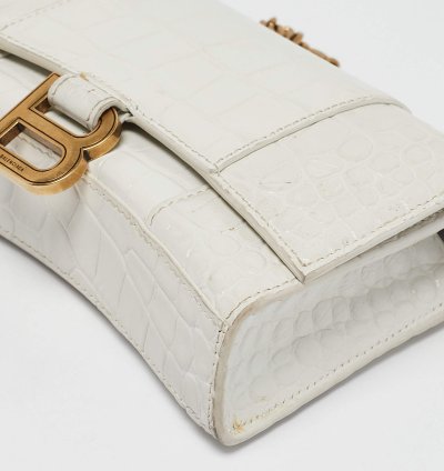 Balenciaga White Croc Embossed Leather Hourglass Wallet On Chain