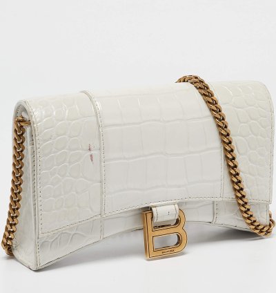 Balenciaga White Croc Embossed Leather Hourglass Wallet On Chain