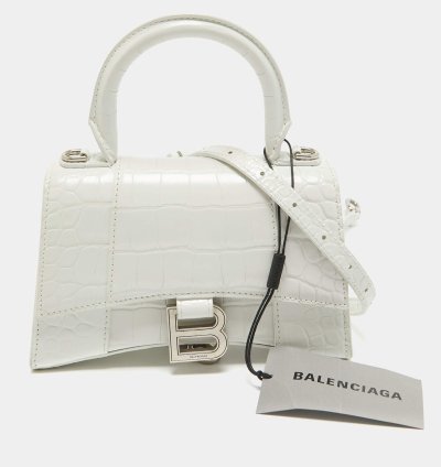Balenciaga White Croc Embossed Leather Xs Hourglass Top Handle Bag