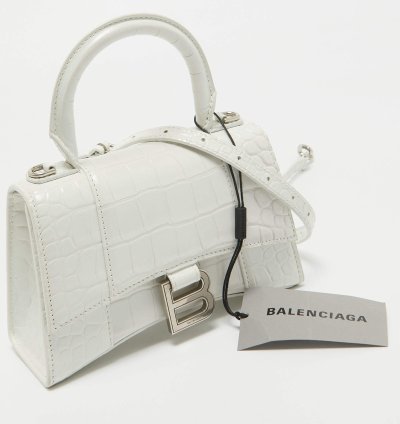 Balenciaga White Croc Embossed Leather Xs Hourglass Top Handle Bag