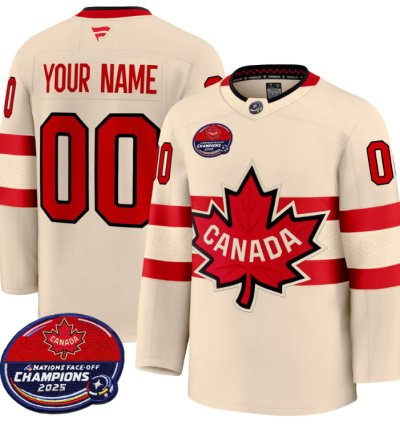Mens Custom Canada Jersey 4 Nations Face-off 2025 Champions V2 Stitched Cream