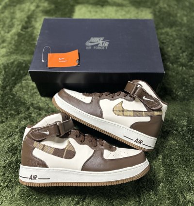 Us 11 Nike Air Force 1 Mid Cacao Brown Plaid Swoosh