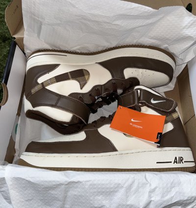 Us 11 Nike Air Force 1 Mid Cacao Brown Plaid Swoosh