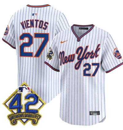 Mark Vientos Jersey 27 New York Mets 2025 Jackie Robinson Patch Road Alternate Stitched Pinstripe