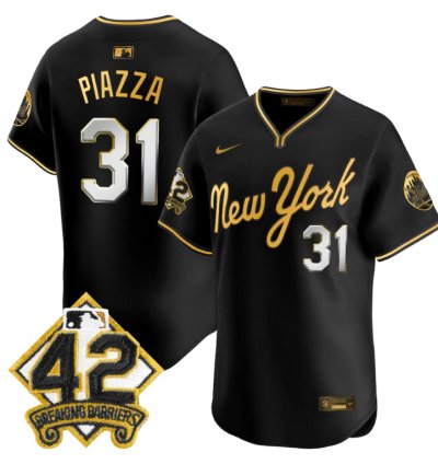 Mike Piazza Jersey 31 New York Mets 2025 Jackie Robinson Patch Road Alternate Stitched Black Gold