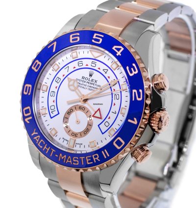 Rolex Yacht-master Ii 44mm 18k Rose Gold Steel White Dial Blue Bezel 116681