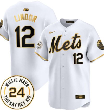 Francisco Lindor Jersey 12 Mets Willie Mays Patch Vapor Premier Limited Stitched White Gold