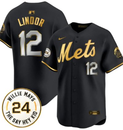 Francisco Lindor Jersey 12 Mets Willie Mays Patch Vapor Premier Limited Stitched Black Gold