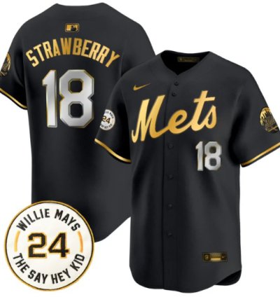 Darryl Strawberry Jersey 18 Mets Willie Mays Patch Vapor Premier Limited Stitched Black Gold