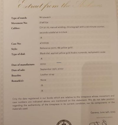 Patek Philippe Chronograph 5070j Yellow Gold With Extract Never Polished