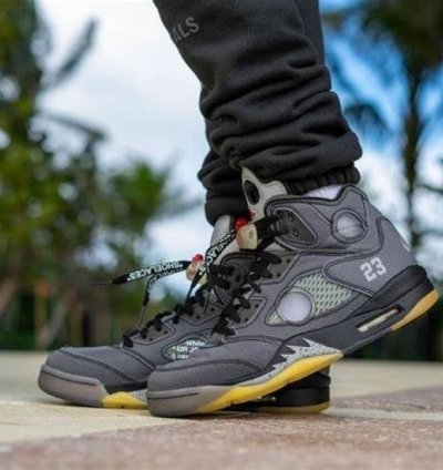 Off Whiite X Nike Air Jordan 5 Black Muslin Preschool Basketball Sneakers Semi Ua