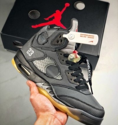 Off Whiite X Nike Air Jordan 5 Black Muslin Preschool Basketball Sneakers Semi Ua